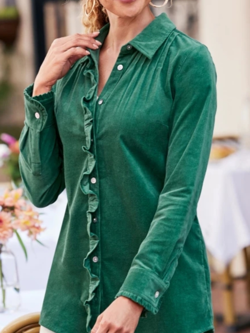 Soft Surroundings Green Ruffle-Front Button Down Shirt